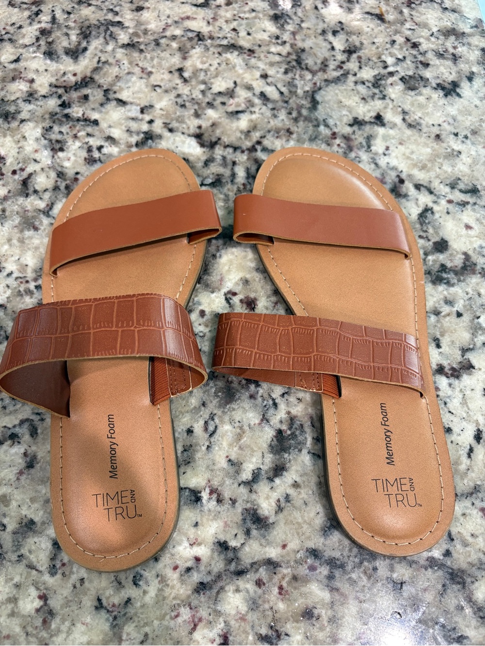 Time and Tru Tan Croc-Texture Double Band Slide Sandals